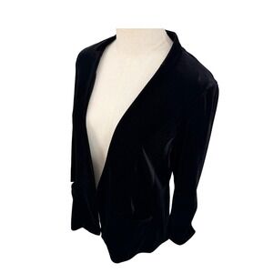 Chic Blazer Women M Black Velvet Open Front Hook Eye 3/4 Sleeve Pocket Evening